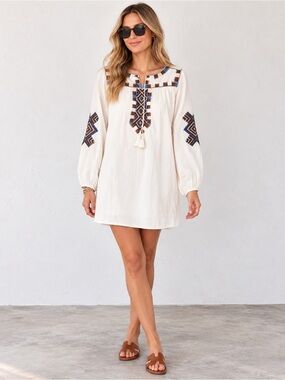 Figue Embroidered Tunic Mini Dress Cream Blue Boho Resort Size Large